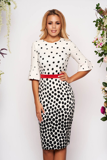 Fofy white daily midi pencil dress slightly elastic fabric with dots print accessorized with tied waistband