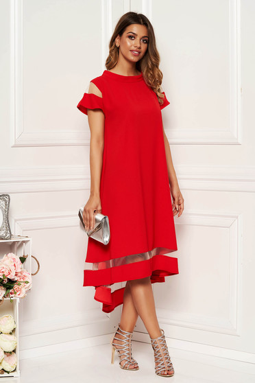 Red elegant flared asymmetrical dress thin fabric short sleeves