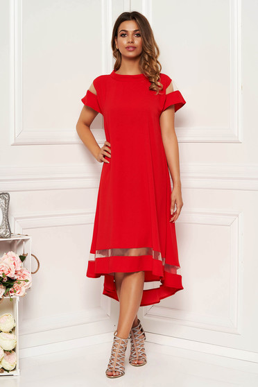 Red elegant flared asymmetrical dress thin fabric short sleeves