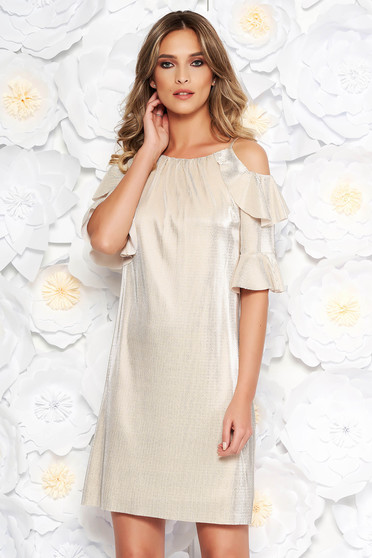 Gold occasional flared dress from shiny fabric with inside lining both shoulders cut out