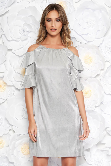 Silver occasional flared dress from shiny fabric with inside lining both shoulders cut out