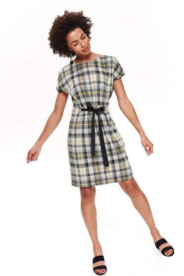 Top Secret black casual dress slightly elastic fabric with elastic waist accessorized with tied waistband with chequers