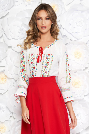 White embroidered blouse flared women`s blouse nonelastic cotton with laced details