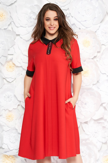 Red elegant midi flared dress soft fabric with pockets with small beads embellished details