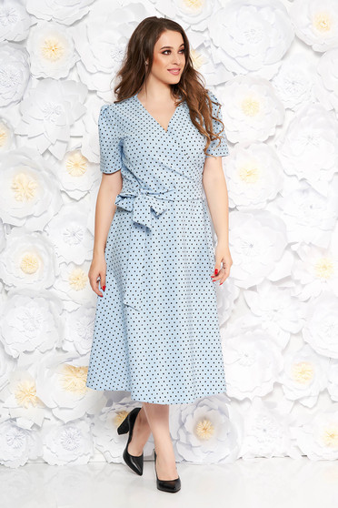 Lightblue elegant cloche dress slightly elastic fabric with dots print accessorized with tied waistband