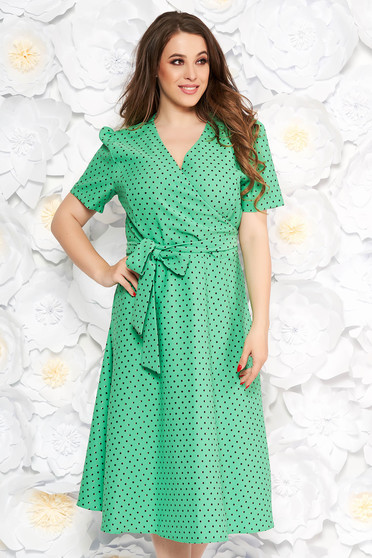 Lightgreen elegant cloche dress slightly elastic fabric with dots print accessorized with tied waistband