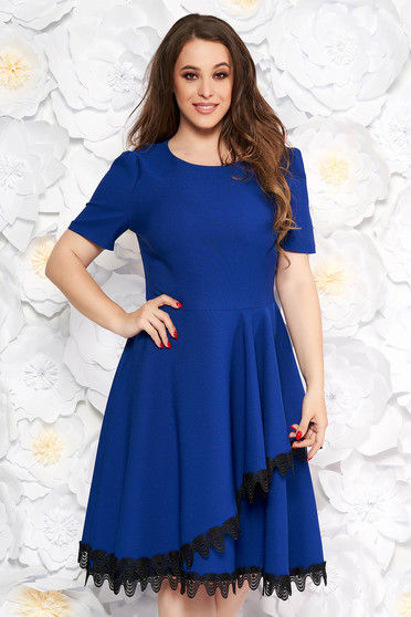 Blue elegant midi cloche dress flexible thin fabric/cloth with lace details with ruffle details