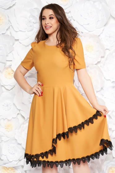 Mustard elegant midi cloche dress flexible thin fabric/cloth with lace details with ruffle details