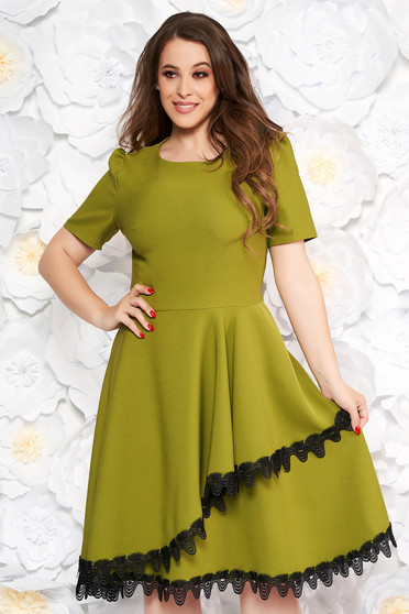 Khaki elegant midi cloche dress flexible thin fabric/cloth with lace details with ruffle details