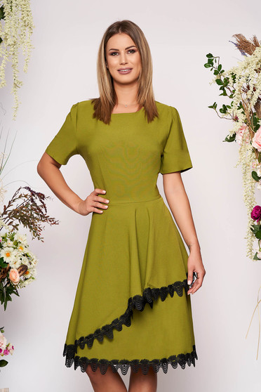 Khaki elegant midi cloche dress flexible thin fabric/cloth with lace details with ruffle details