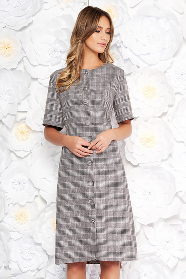 Grey midi daily a-line dress from non elastic fabric with chequers with pockets