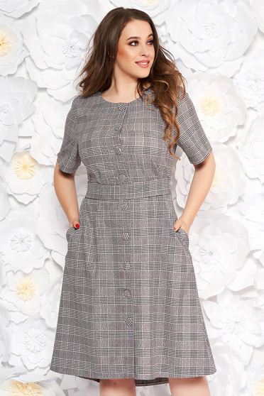 Grey midi daily a-line dress from non elastic fabric with chequers with pockets