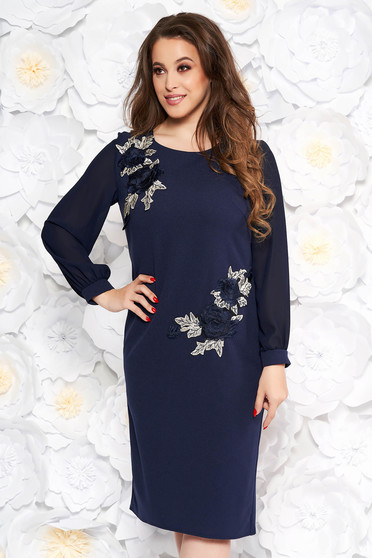 Darkblue elegant midi pencil dress with inside lining scuba and veil fabric