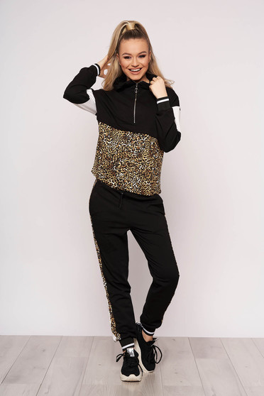 SunShine black casual set slightly elastic cotton with leo print with pockets