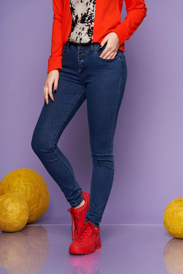 Darkblue casual skinny jeans jeans slightly elastic cotton with pockets with medium waist