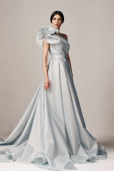 Ana Radu lightblue luxurious cloche dress nonelastic fabric with metallic aspect with inside lining with ruffle details