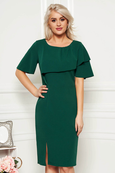 Darkgreen daily pencil dress from elastic fabric with tented cut short sleeve
