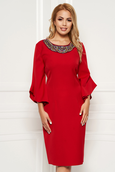 Red elegant pencil dress slightly elastic fabric with 3/4 sleeves with small beads embellished details