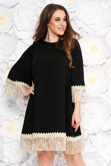 LaDonna black elegant flared dress from non elastic fabric with fringes 3/4 sleeve