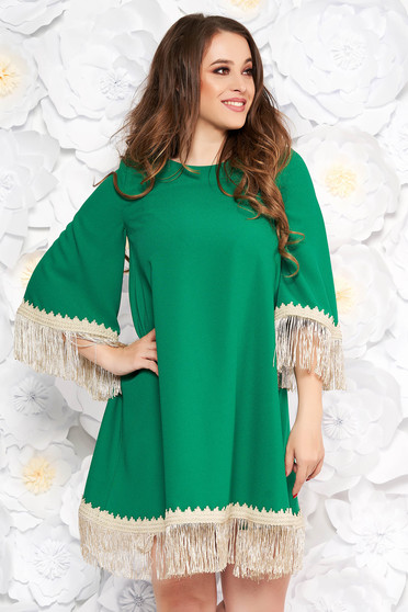 LaDonna green elegant flared dress from non elastic fabric with fringes 3/4 sleeve
