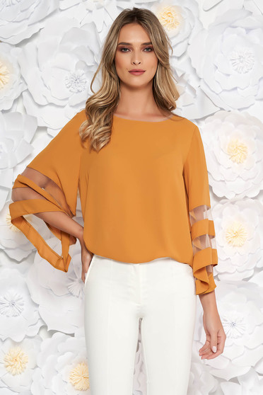 Mustard elegant flared women`s blouse airy fabric with bell sleeve