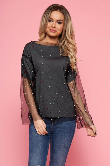 SunShine grey casual flared women`s blouse from tulle with inside lining with small beads embellished details