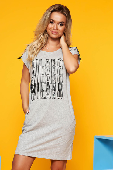 SunShine grey casual flared dress slightly elastic cotton with writing print