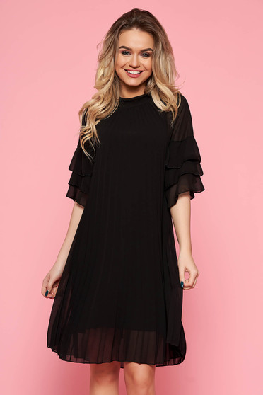SunShine black dress casual flared from veil fabric folded up with inside lining with ruffled sleeves