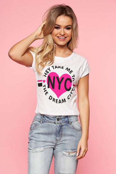 SunShine white t-shirt with writing print with tented cut slightly elastic cotton
