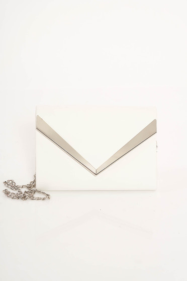 White clutch bag from ecological leather long chain handle with metalic accessory