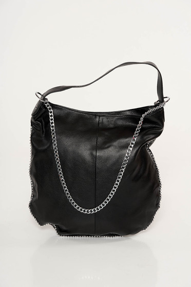 Black casual bag from ecological leather metallic chain accessory