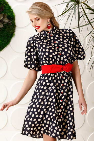 PrettyGirl darkblue dress elegant daily cloche from satin fabric texture dots print accessorized with tied waistband