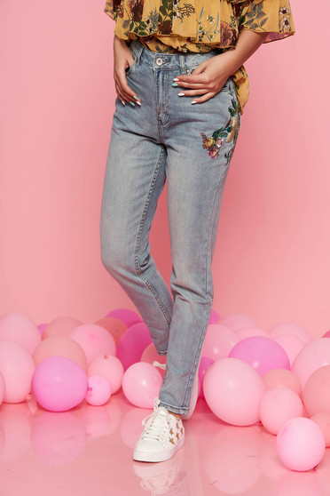 Top Secret blue casual trousers with pockets with straight cut with embroidery details