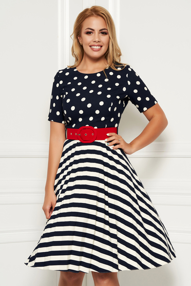 Fofy darkblue daily cloche dress dots with stripes slightly elastic fabric accessorized with belt