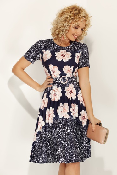 Lightpink daily cloche dress slightly elastic fabric with floral print accessorized with belt