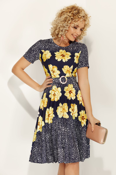 Yellow daily cloche dress slightly elastic fabric with floral print accessorized with belt