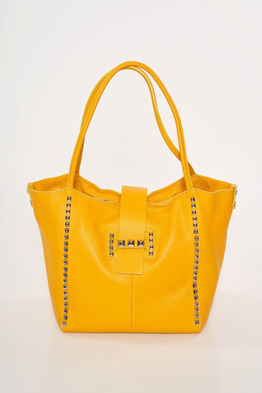 Yellow casual office leather bag with metallic spikes