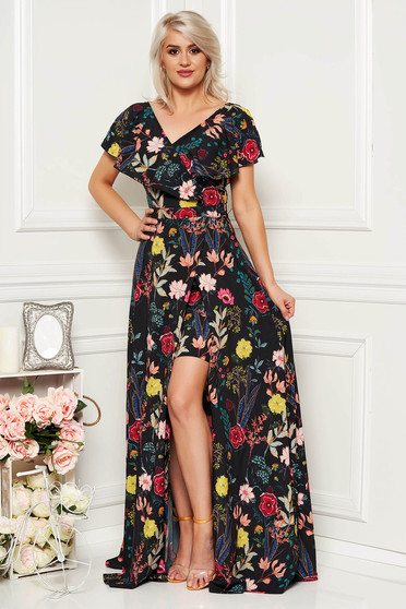 StarShinerS black dress occasional cloche with floral print with v-neckline frilly trim around neck and cleavage line
