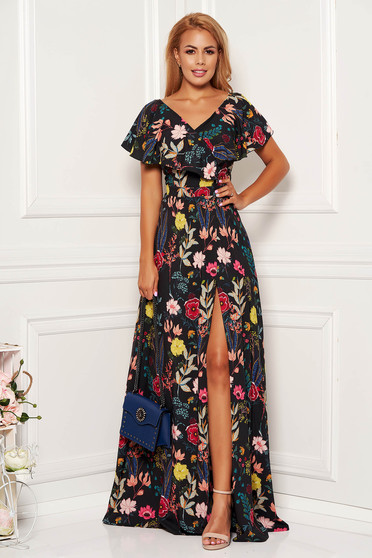 StarShinerS black dress occasional cloche with floral print with v-neckline frilly trim around neck and cleavage line