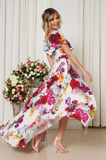 StarShinerS white dress occasional cloche with floral print with v-neckline frilly trim around neck and cleavage line