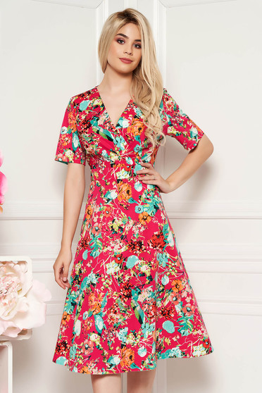 Red daily midi dress with v-neckline airy fabric with floral print