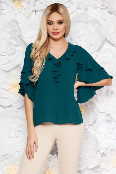 Darkgreen elegant women`s blouse from veil fabric with a cleavage with ruffle details with easy cut