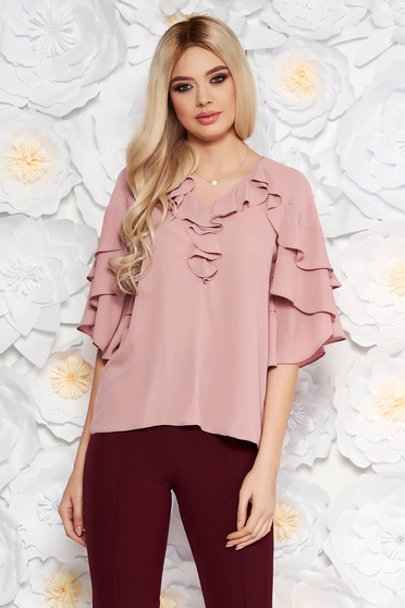 Rosa elegant women`s blouse from veil fabric with a cleavage with ruffle details with easy cut