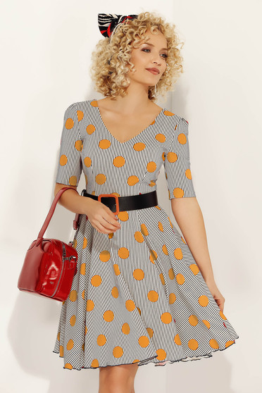 Mustard dress short cut daily cloche dots print with v-neckline accessorized with belt