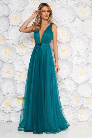 Ana Radu turquoise dress accessorized with tied waistband from tulle with deep cleavage with inside lining luxurious