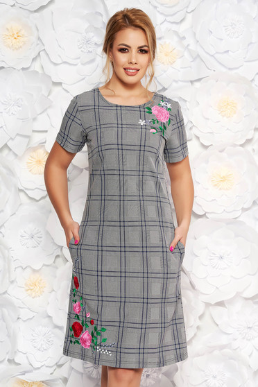 SunShine grey daily straight dress plaid fabric with embroidery details with pockets