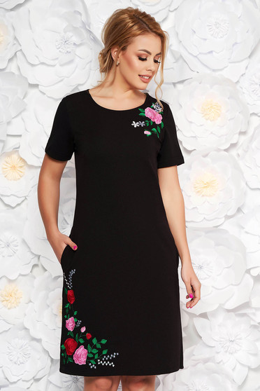 SunShine black daily straight dress from elastic fabric with embroidery details