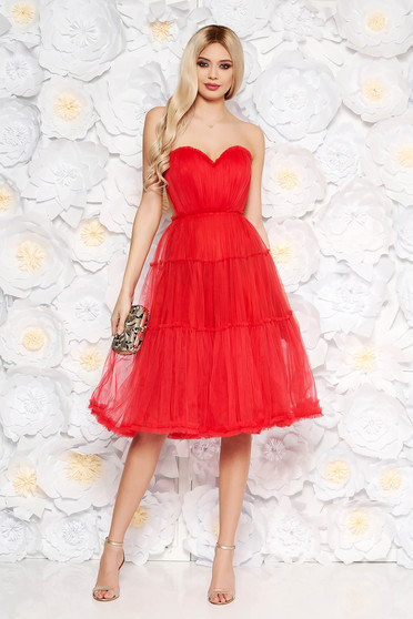 Ana Radu red corset dress from tulle with push-up cups luxurious with inside lining off shoulder