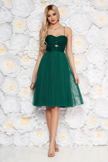 Ana Radu darkgreen luxurious cloche dress from tulle with inside lining corset cut-out bust design