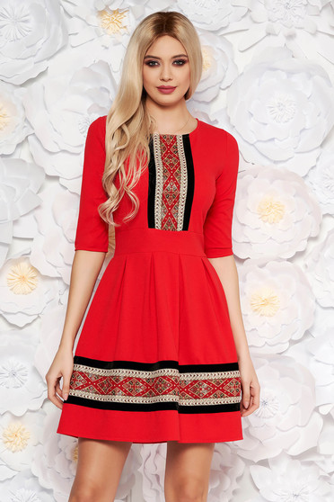 Red elegant midi cloche dress from elastic fabric with 3/4 sleeves